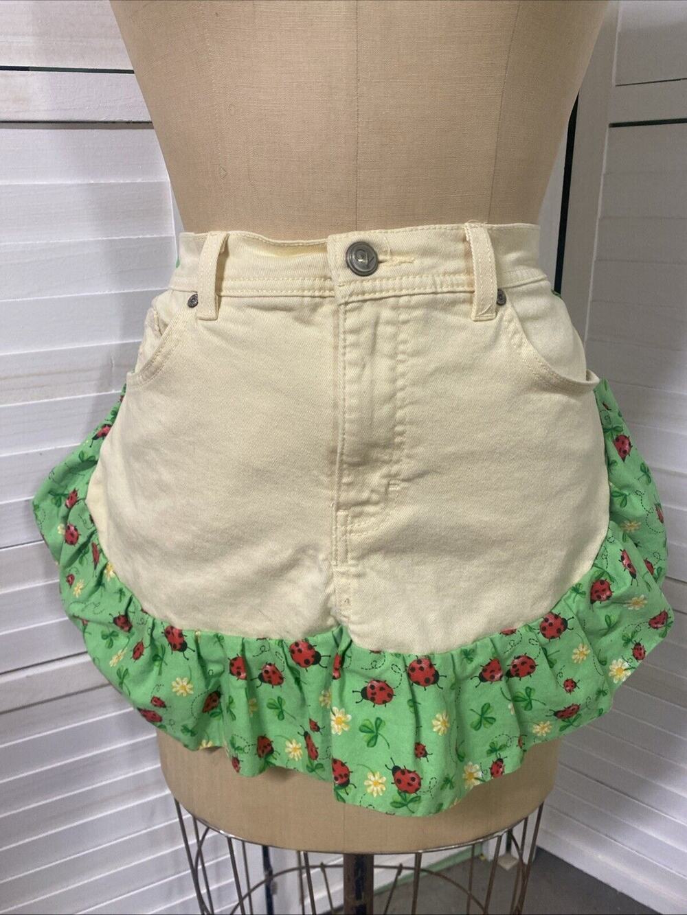 Handmade Ivory Denim Jeans Half Apron Ladybug Fabric Ruffle One Size